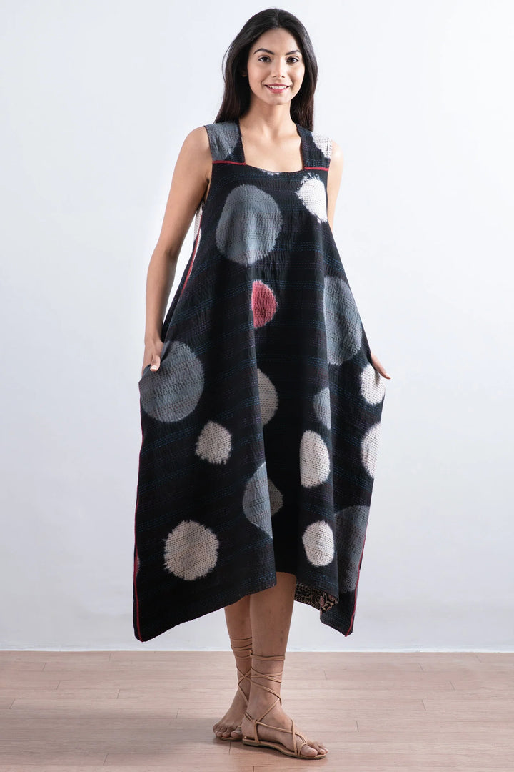 PATCH & CIRCLE PRINT KANTHA TENT DRESS - pc2413-blk -