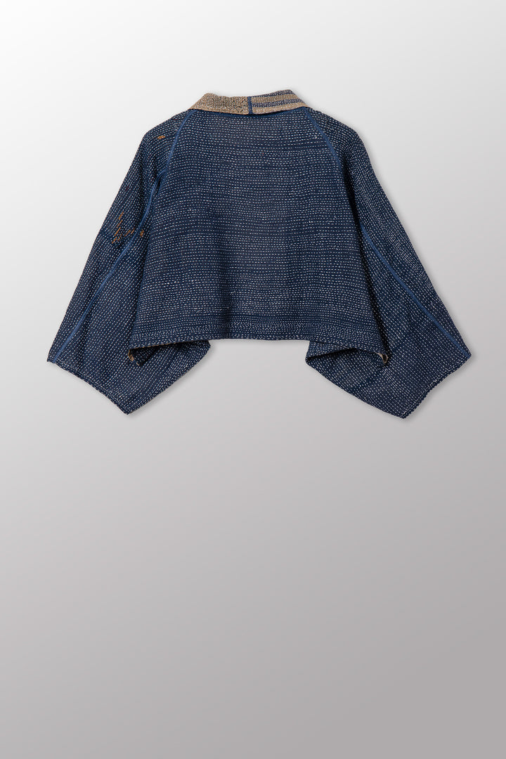 INDONESIAN PRINT VINTAGE INDIGO BACKING KANTHA PUFF SLV. SHRUG - bi2062-blu -