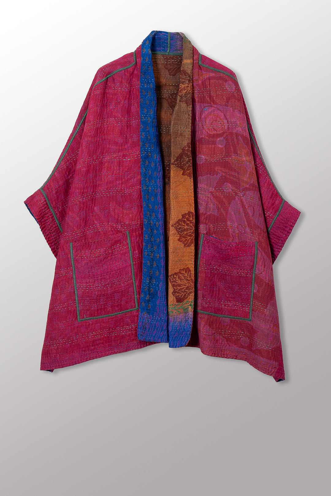 VINTAGE SILK GEORGETTE COTTON KANTHA DOUBLE COLLAR PONCHO - gc4323-0002a -