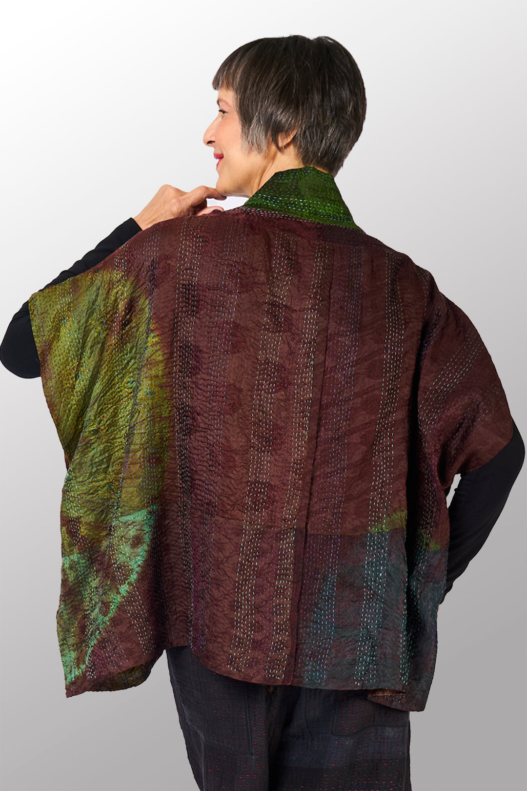 JACQUARD SILK PATCH TIE DYE CIRCLE SHIBORI KANTHA PONCHO TOP - wj2568-grn -