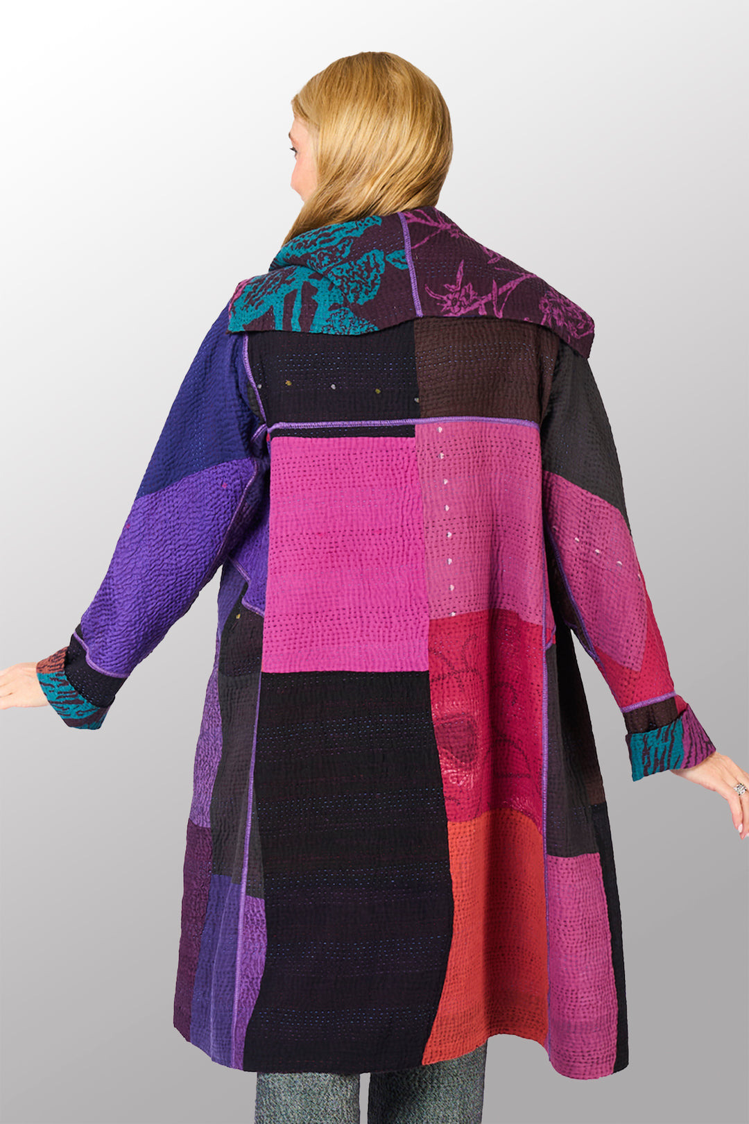 NIGHT FLOWERS KANTHA A-LINE COAT - nl4309-prp -