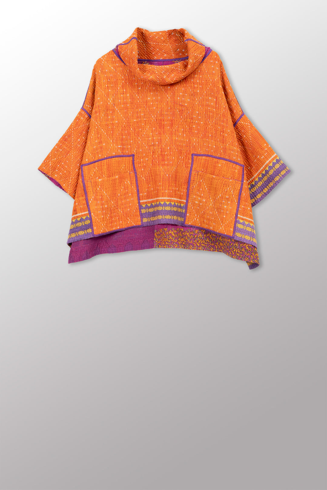 VINTAGE COTTON KANTHA COWL NECK PONCHO - cv4061-0035a -