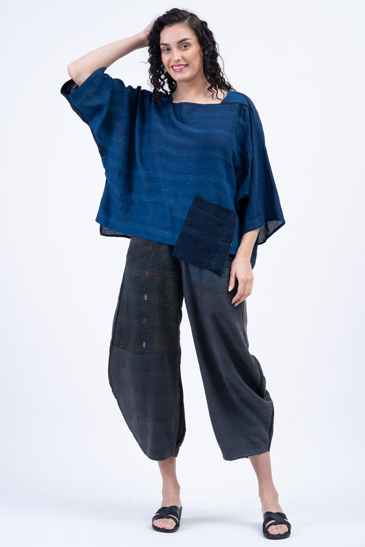 MONOTONE TWILIGHT PRINT KANTHA 3/4 SLV. CROP TOP MIO - tp2538-nvy -