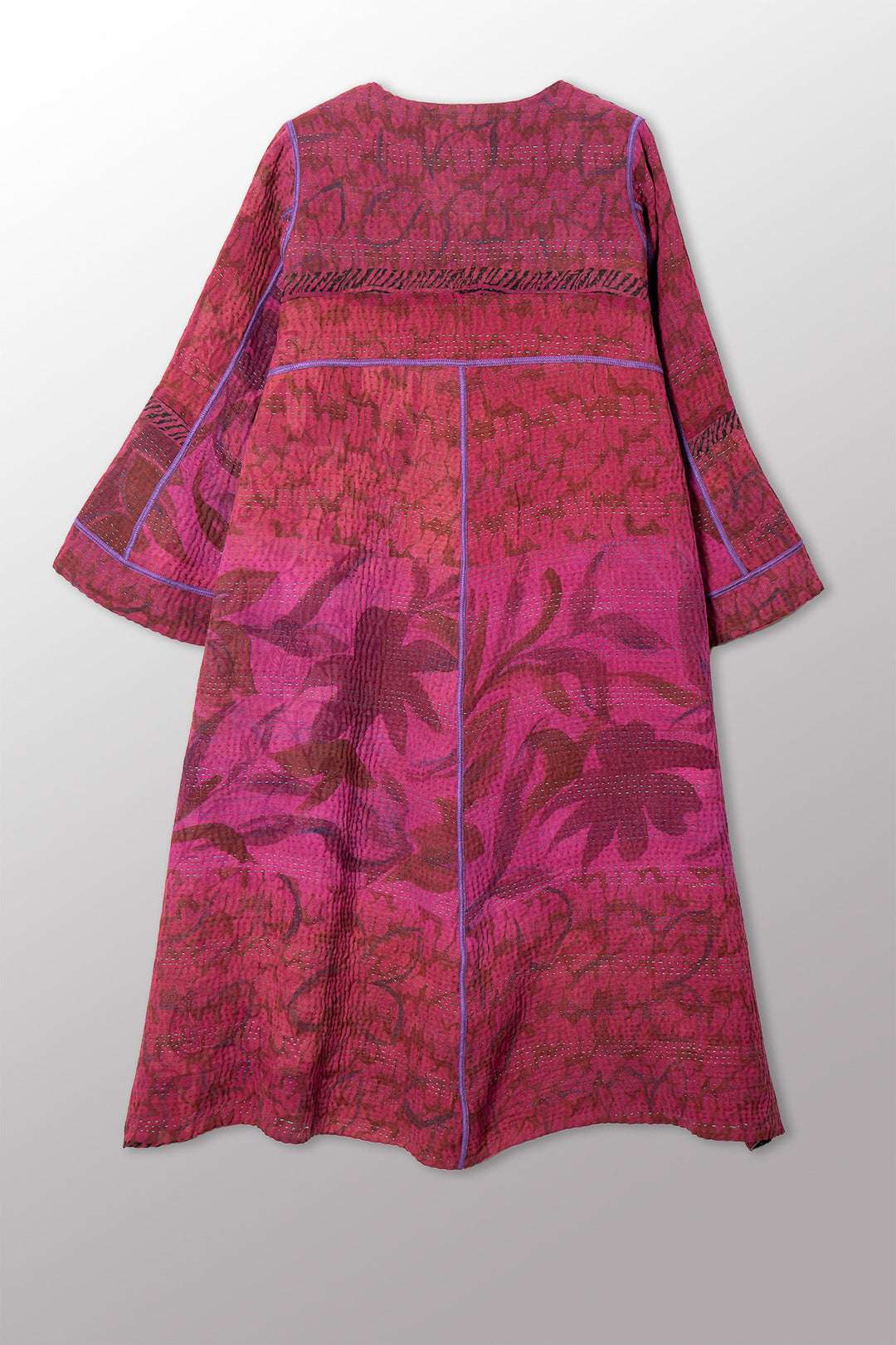 VINTAGE SILK GEORGETTE COTTON KANTHA WRAP FLARE COAT - gc4330-0001a -