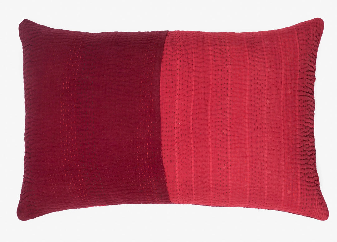 Landscape Fray Patch Vintage Kantha Pillow -Red