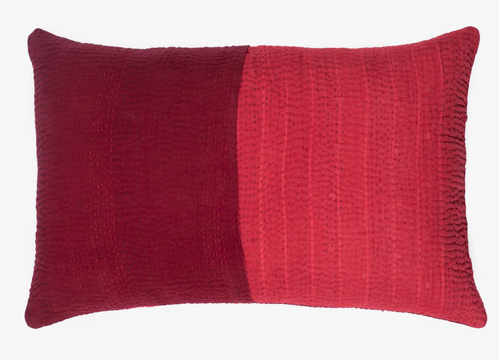 Landscape Fray Patch Vintage Kantha Pillow -Red