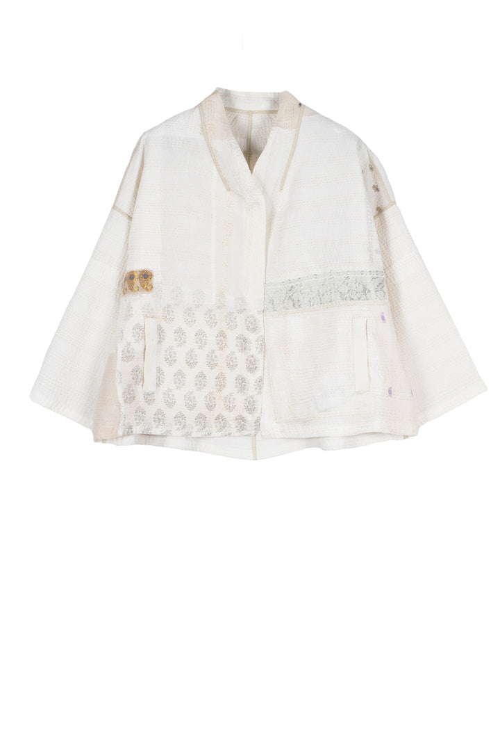 FRAYED PATCH KANTHA STAND COLLAR CROPPED JKT - fi2034-ivy -