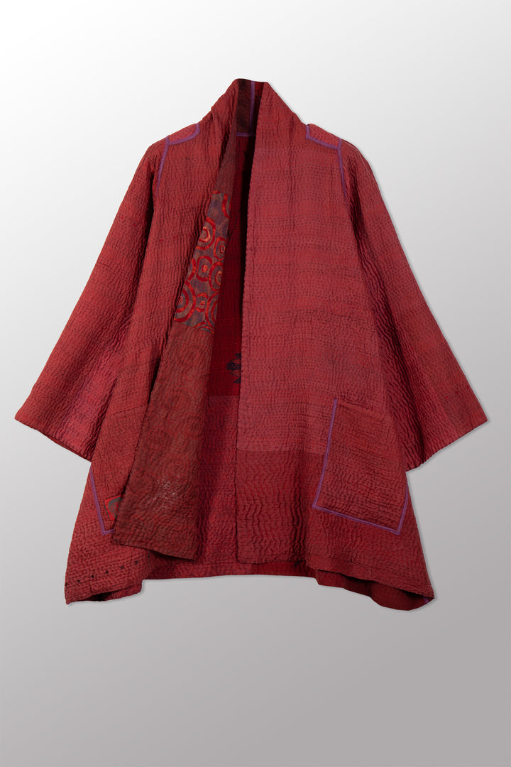 GEORGETTE JACQUARD VINTAGE SILK PATCH KANTHA A-LINE JACKET - gj4003-red -