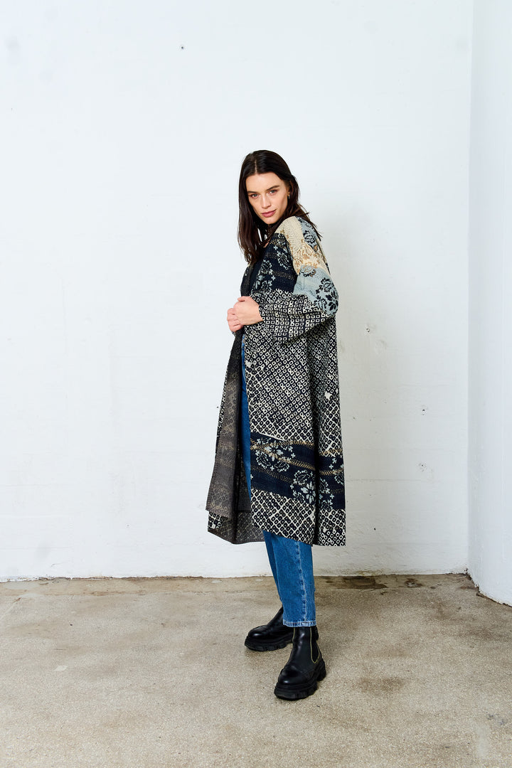 KIMONO COTTON KANTHA LONG DUSTER - kc2328-blk -