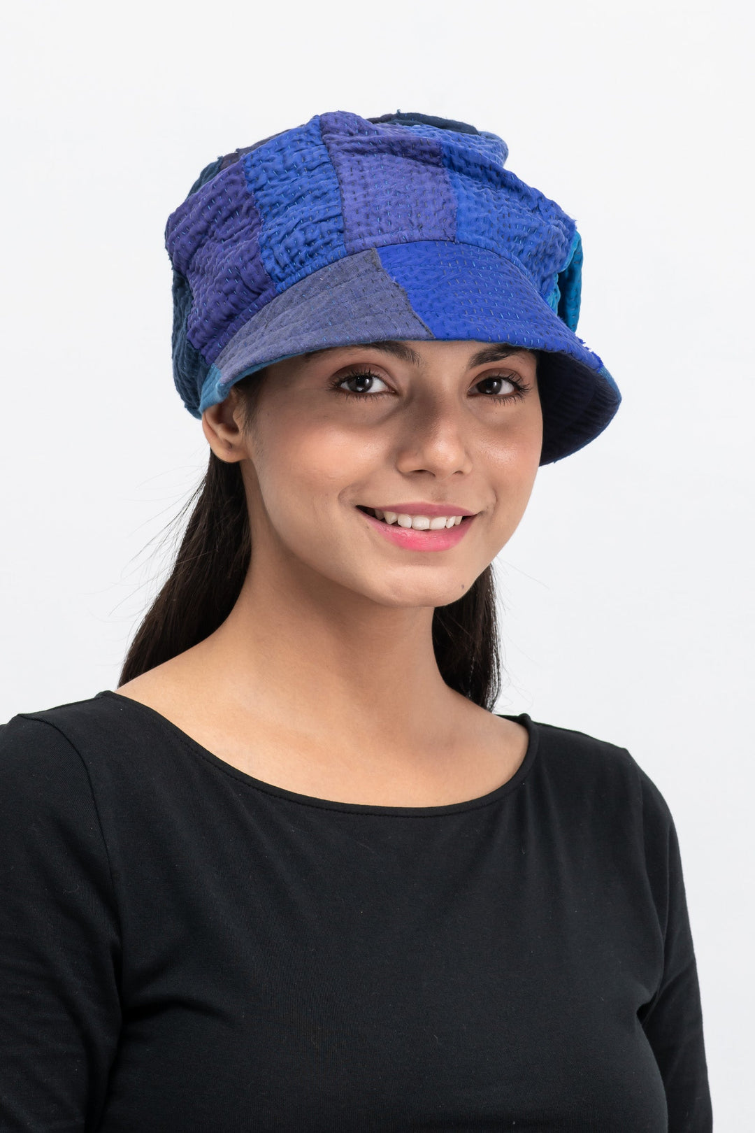 STRIPE AND CHECK COTTON SILK PATCH KANTHA HALF BRIM HAT - ss4881-blu -