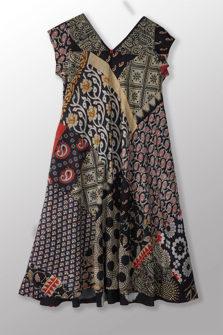 PATCH & CIRCLE PRINT KANTHA CAP SLV. FLARE DRESS - pc2425-blk -