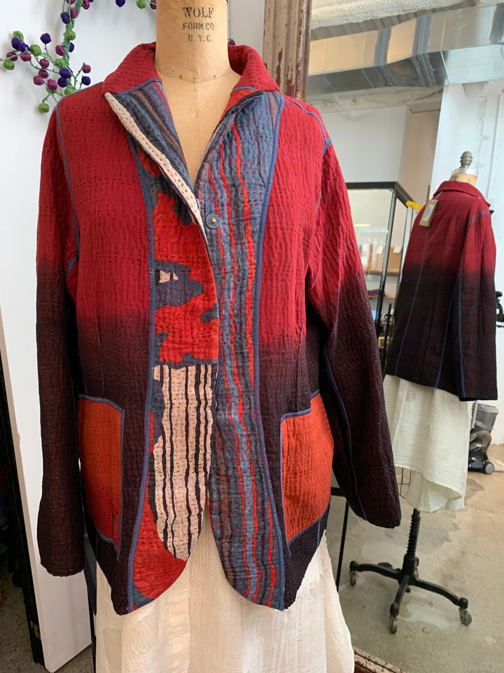 STRIPE AND BENDS KANTHA BASIC JACKET - sb4052-red -