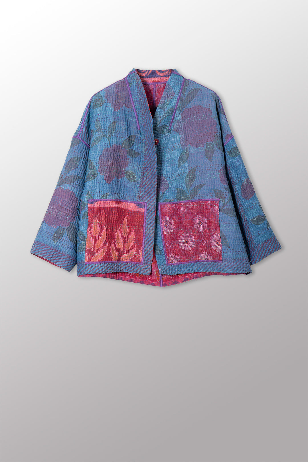 COTTON OVERDYE KANTHA STAND COLLAR CROPPED JKT - ov4034-cfus002a -