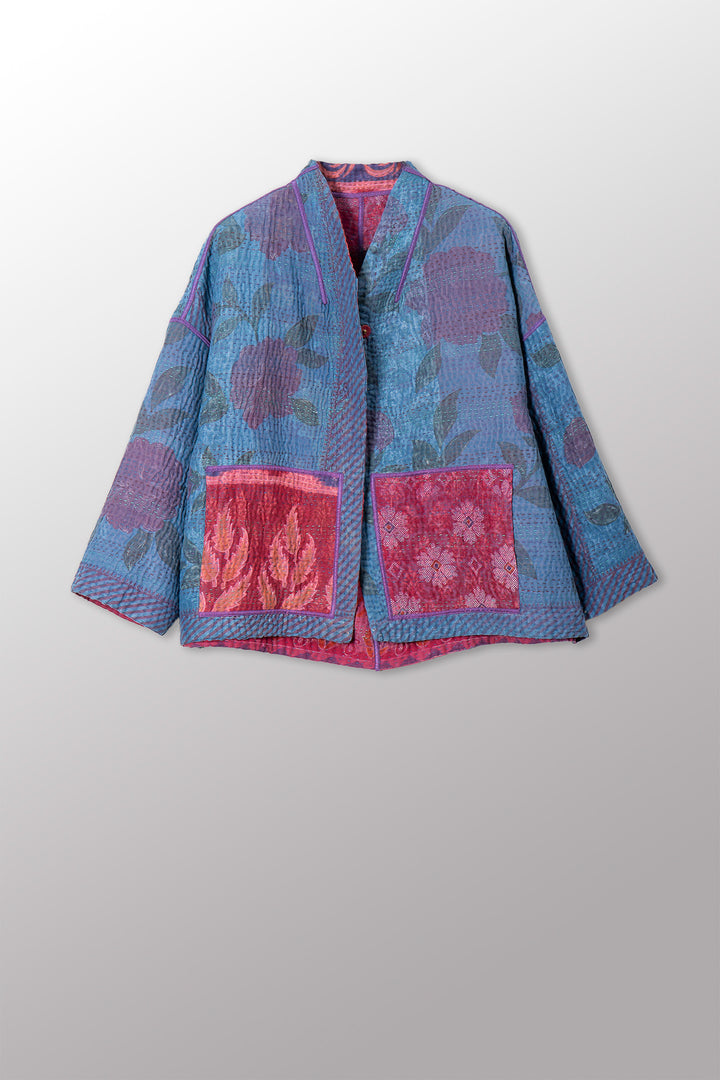 COTTON OVERDYE KANTHA STAND COLLAR CROPPED JKT - ov4034-cfus002a -