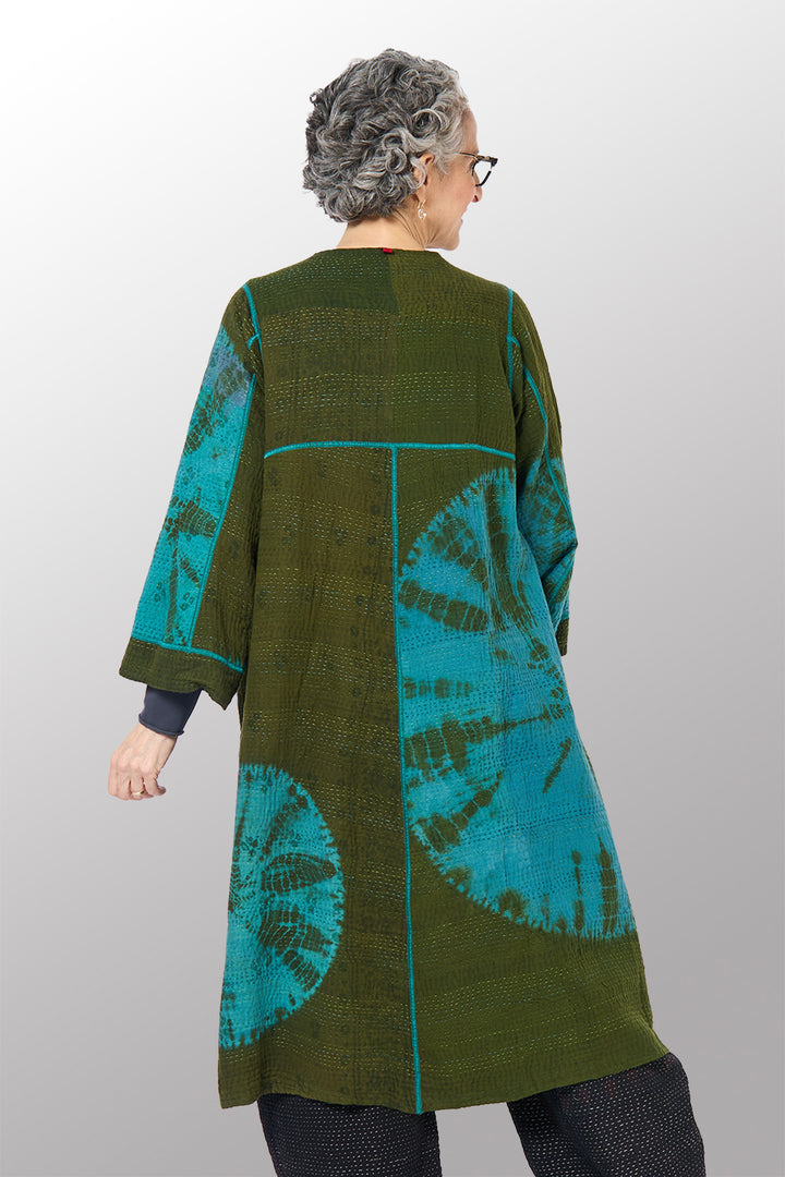 COTTON SILK SW PATCH KANTHA WRAP FLARE COAT - st-ws4330-grn -
