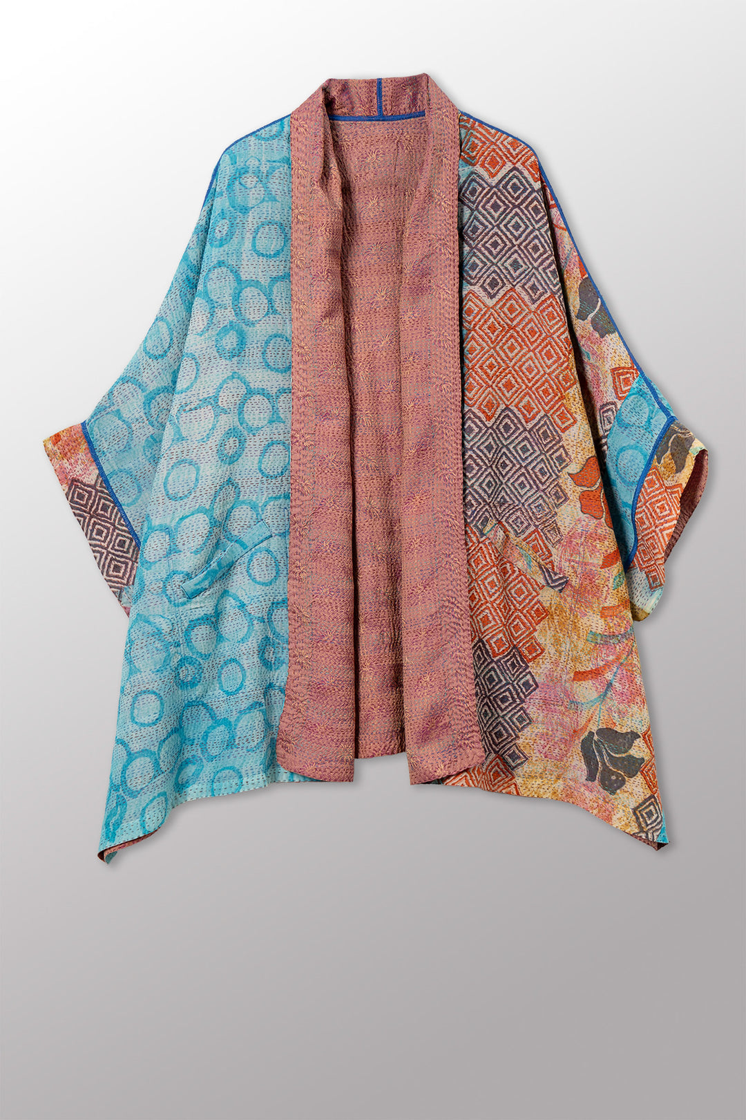 GEORGETTE JACQUARD VINTAGE SILK PATCH KANTHA DOUBLE COLLAR PONCHO - gj2323-0003a -