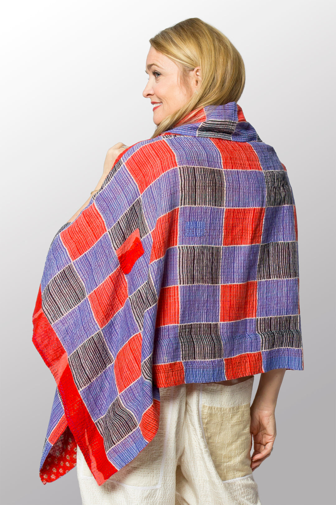 VINTAGE COTTON KANTHA COWL NECK LONG CAPE - cv2842-0005a -