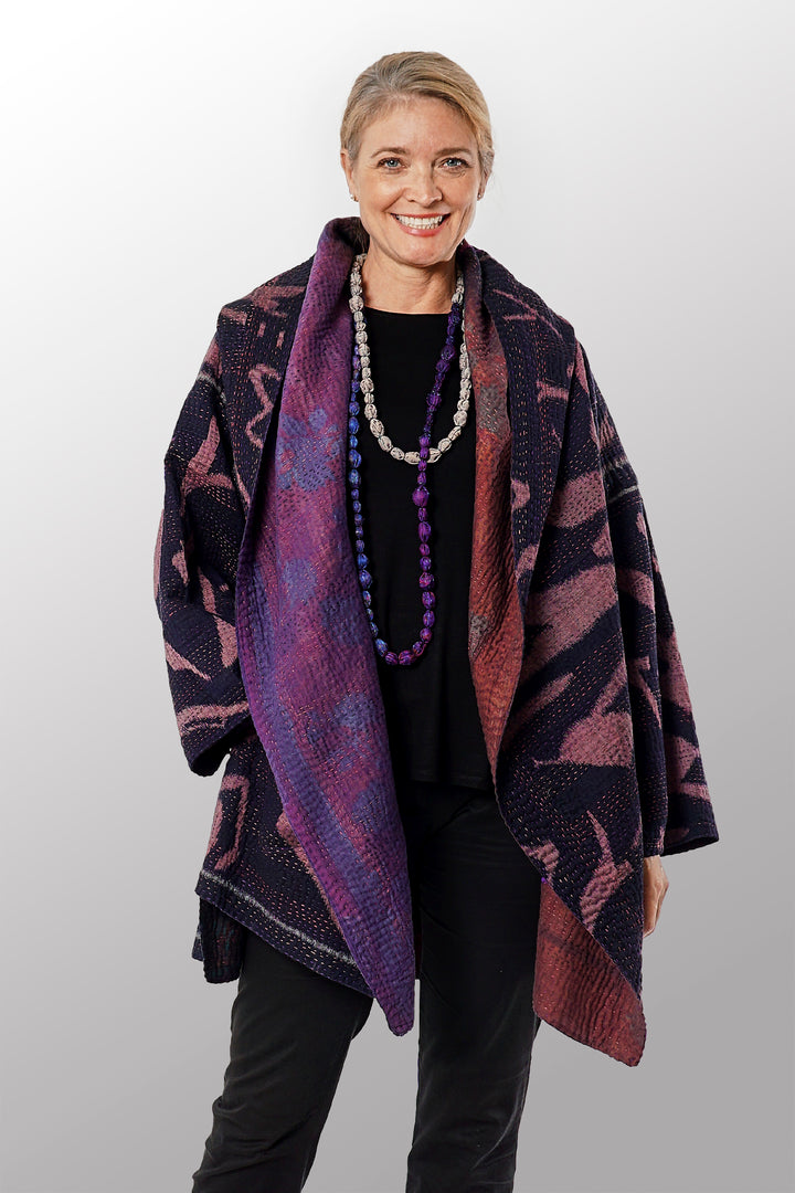 WOVEN HANDLOOM IKAT WITH OMBRE KANTHA HOODED A-LINE COAT - wh4341-prp -