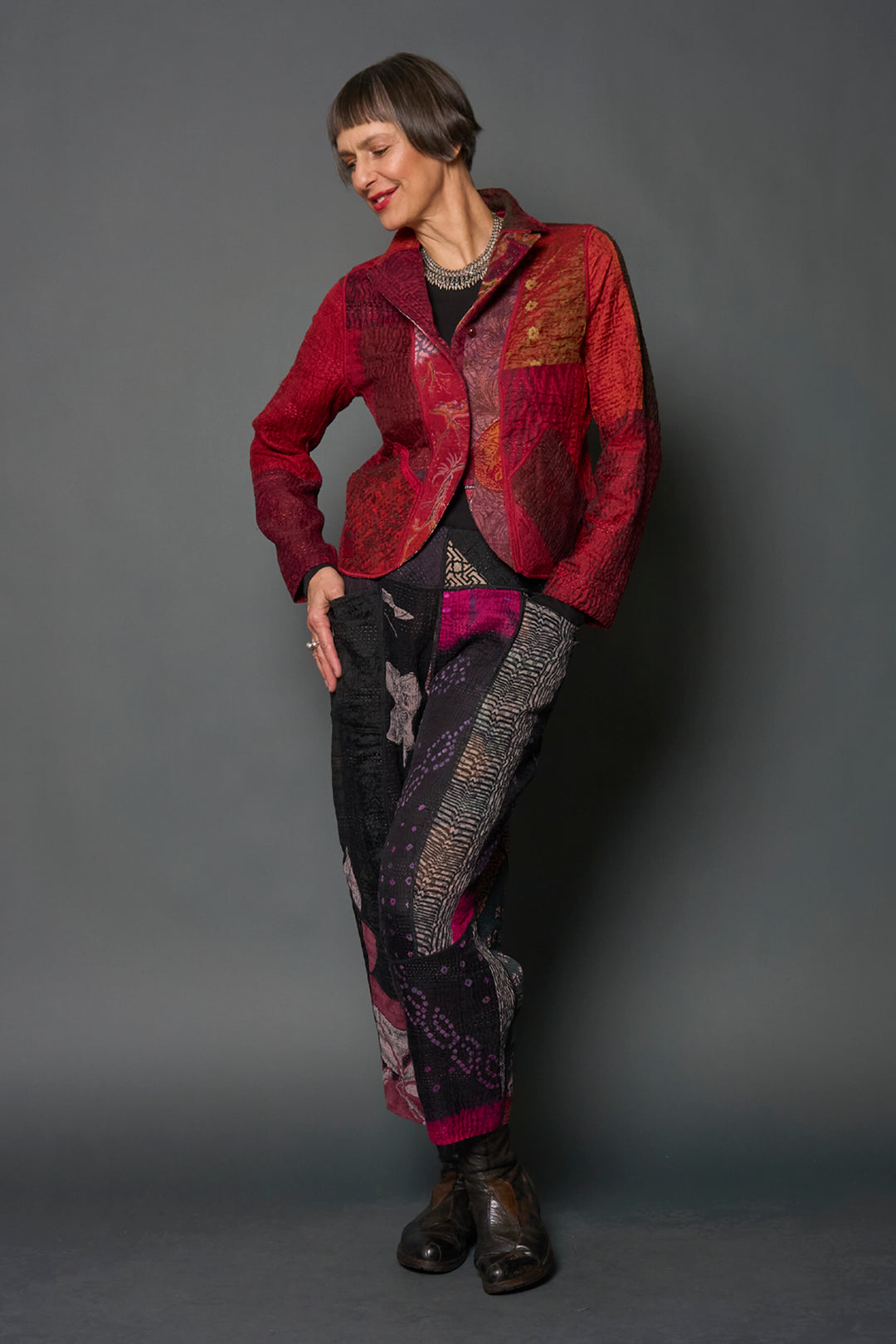 JACQUARD SILK KANTHA CROPPED BASIC JACKET - js4096-mar -