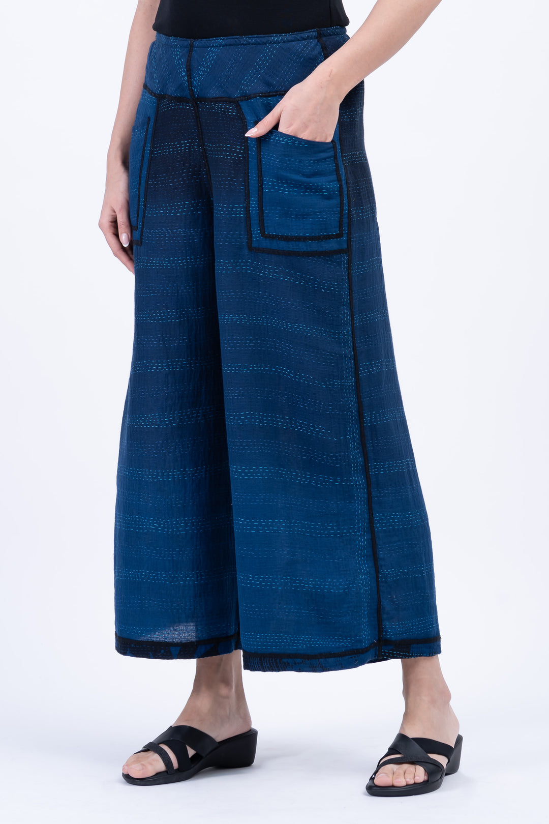 MONOTONE TWILIGHT PRINT KANTHA MID RISE WIDE LEG PANTS - tp2665-nvy -