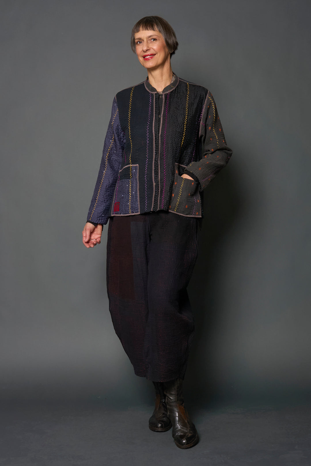 JEWEL WOVEN WITH VERTICAL PATCH KANTHA KAFTAN JACKET SHORT - jv4088-blk -