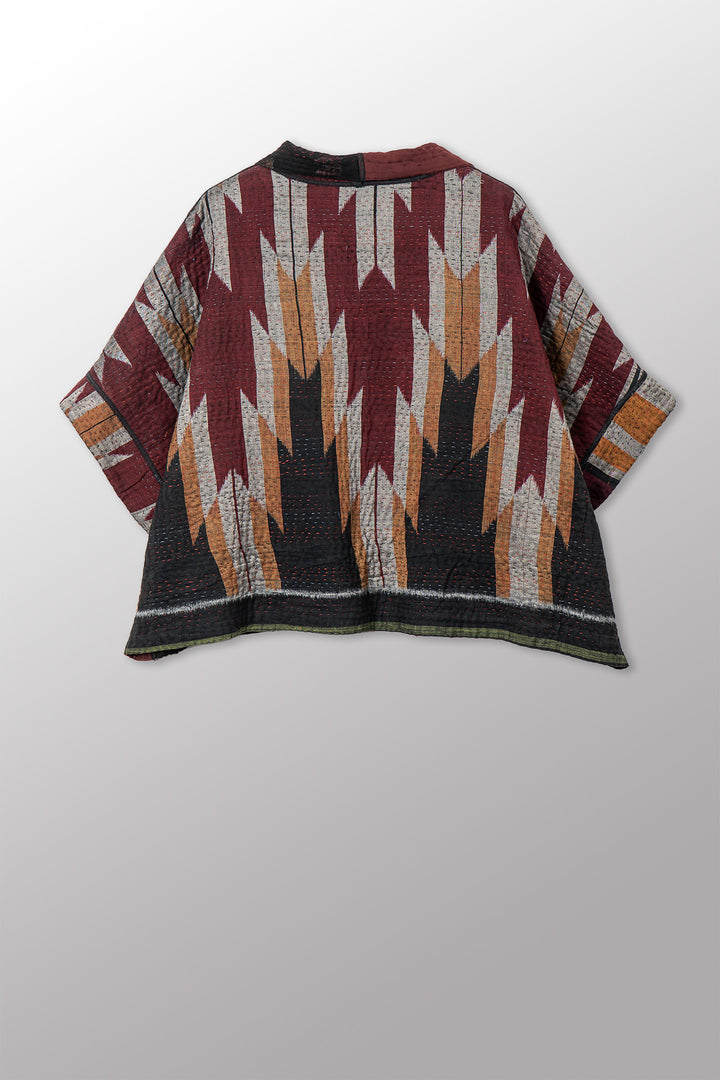 WOVEN HANDLOOM IKAT WITH OMBRE KANTHA MINI PONCHO - wh4060-red -