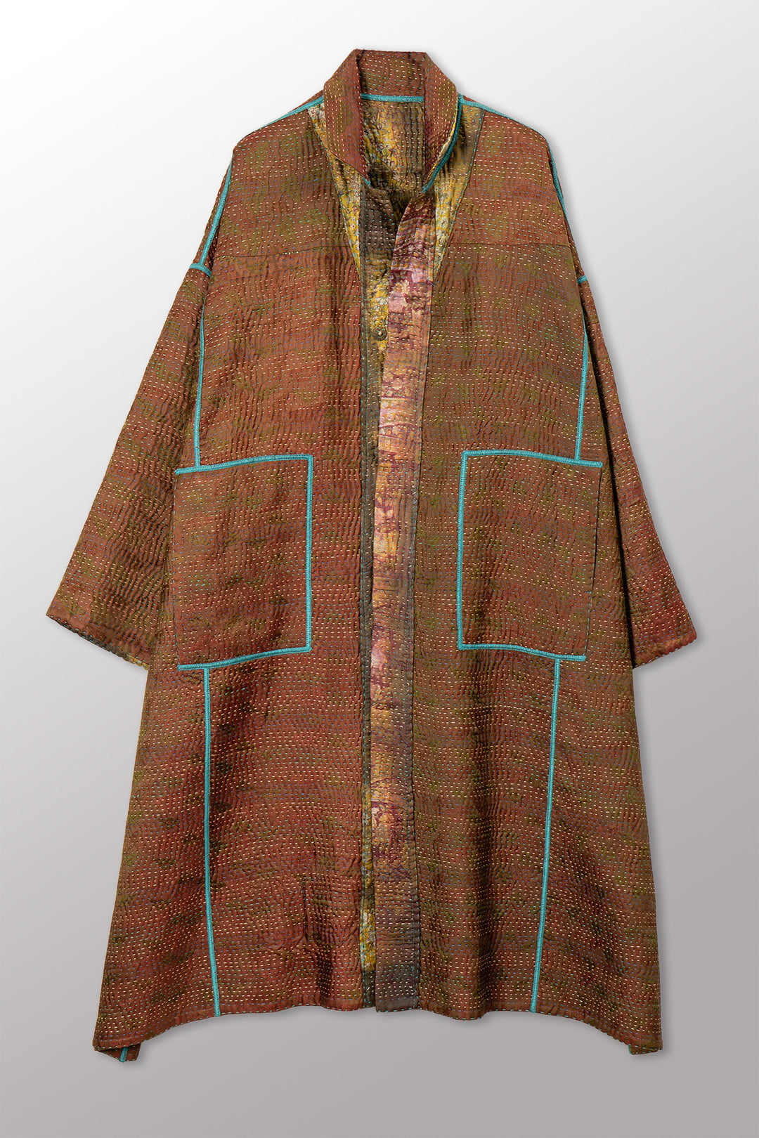 VINTAGE PRINTED SILK CLAMP DYE WITH JACQUARD KANTHA NEW OVERSIZED COAT - sk4342-0001a -
