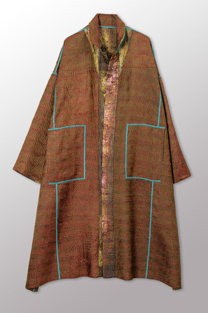 VINTAGE PRINTED SILK CLAMP DYE WITH JACQUARD KANTHA NEW OVERSIZED COAT - sk4342-0001a -