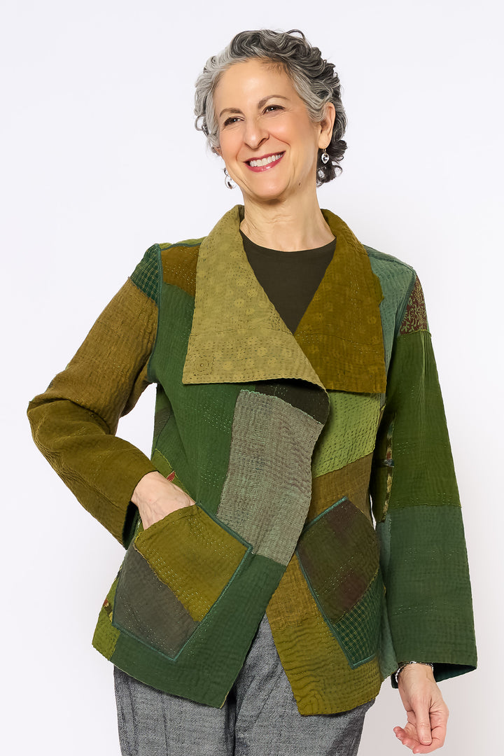 FRAYED PATCH MIX KANTHA WING COLLAR JACKET - fm4013-grn -