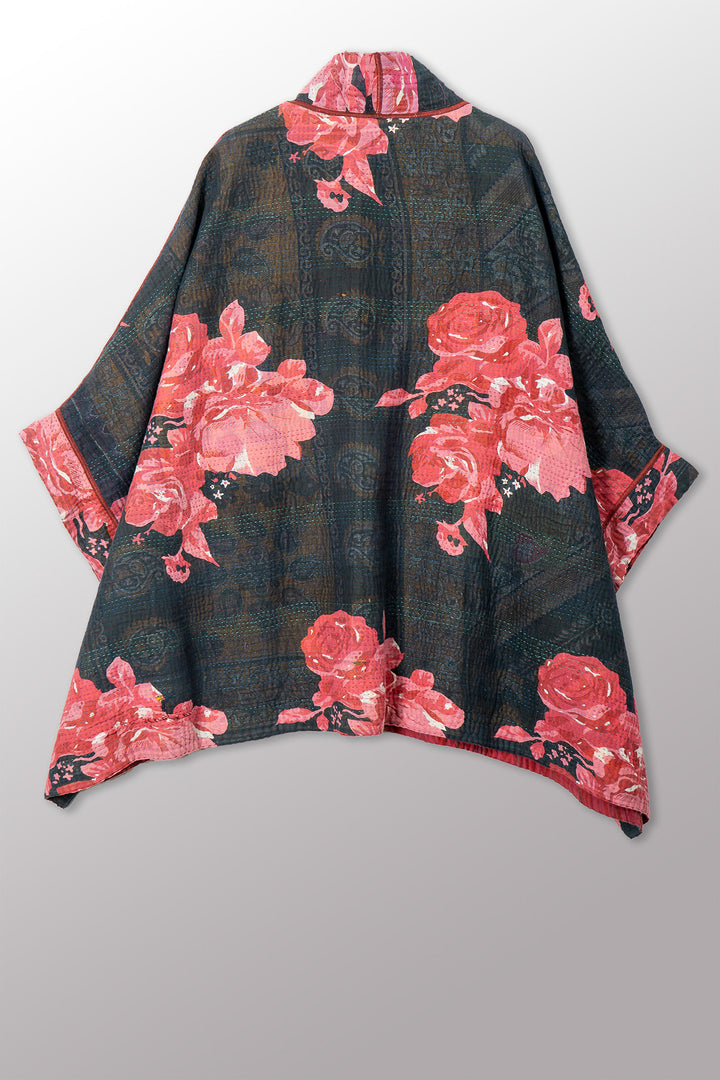 VINTAGE COTTON KANTHA DOUBLE COLLAR PONCHO - cv4323-0058a -