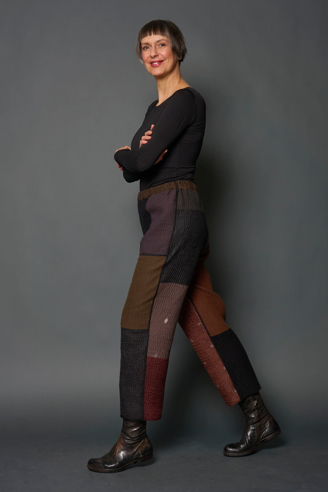 DENIM SUN-DYE KANTHA STRAIGHT PANTS - ds3664-brn -