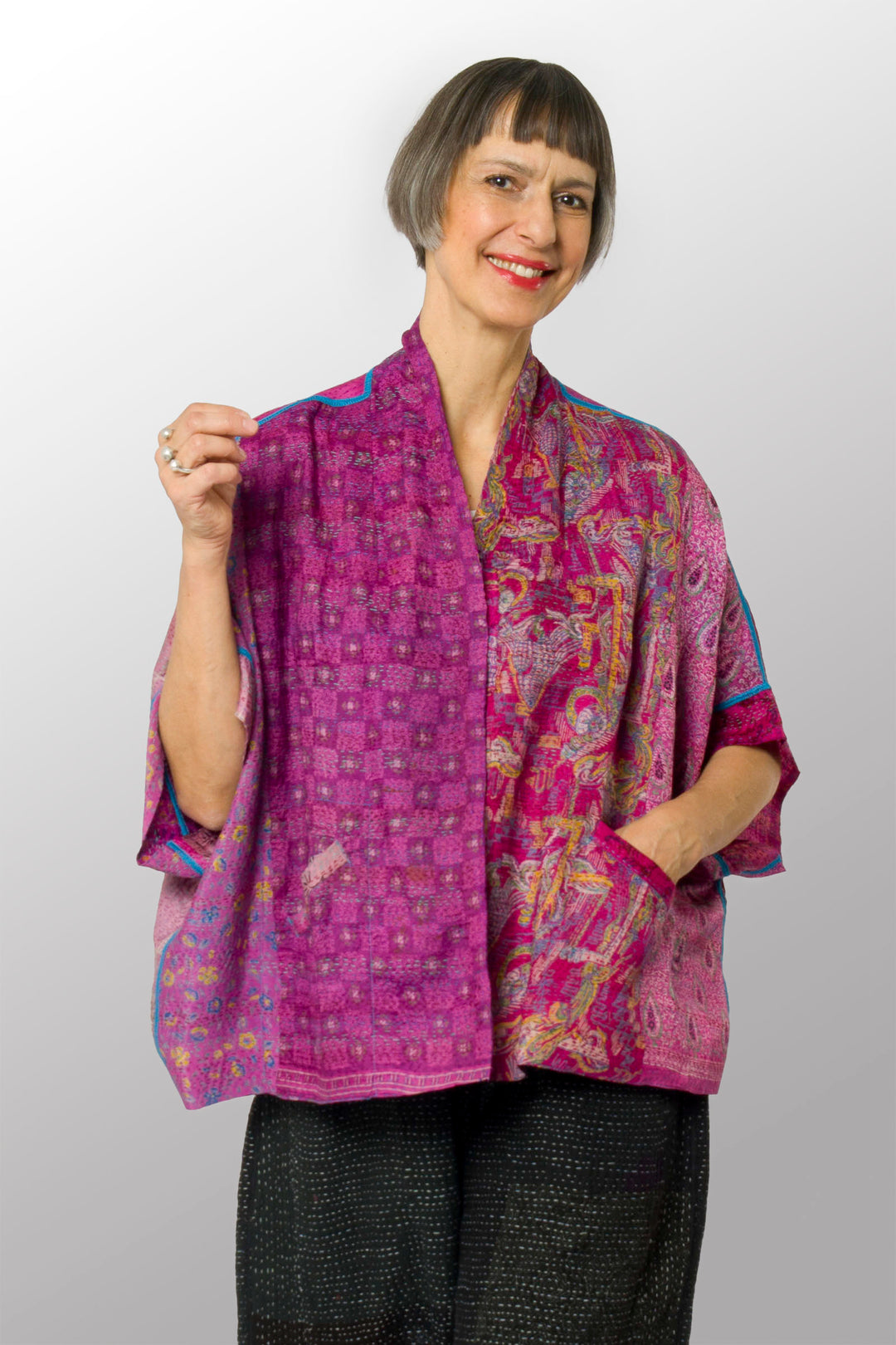 VINTAGE SILK KANTHA MINI PONCHO - sv2060-0008a -