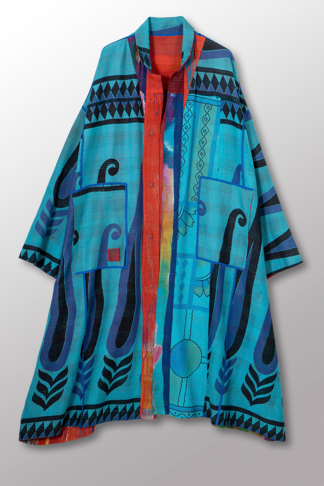 VINTAGE SILK GEORGETTE COTTON KANTHA NEW OVERSIZED COAT - gc2342-0001a -