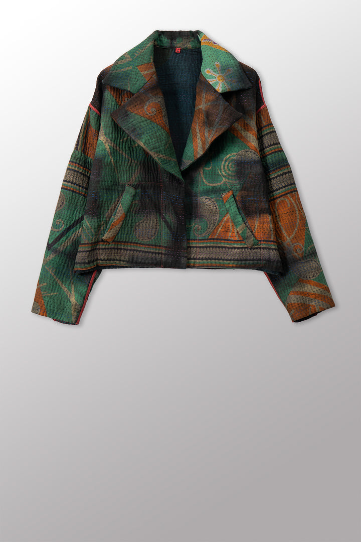 VINTAGE COTTON GREY CLAMP TIE DYE KANTHA NEW LAPELED SHORT JACKET - su4j101-0002m -