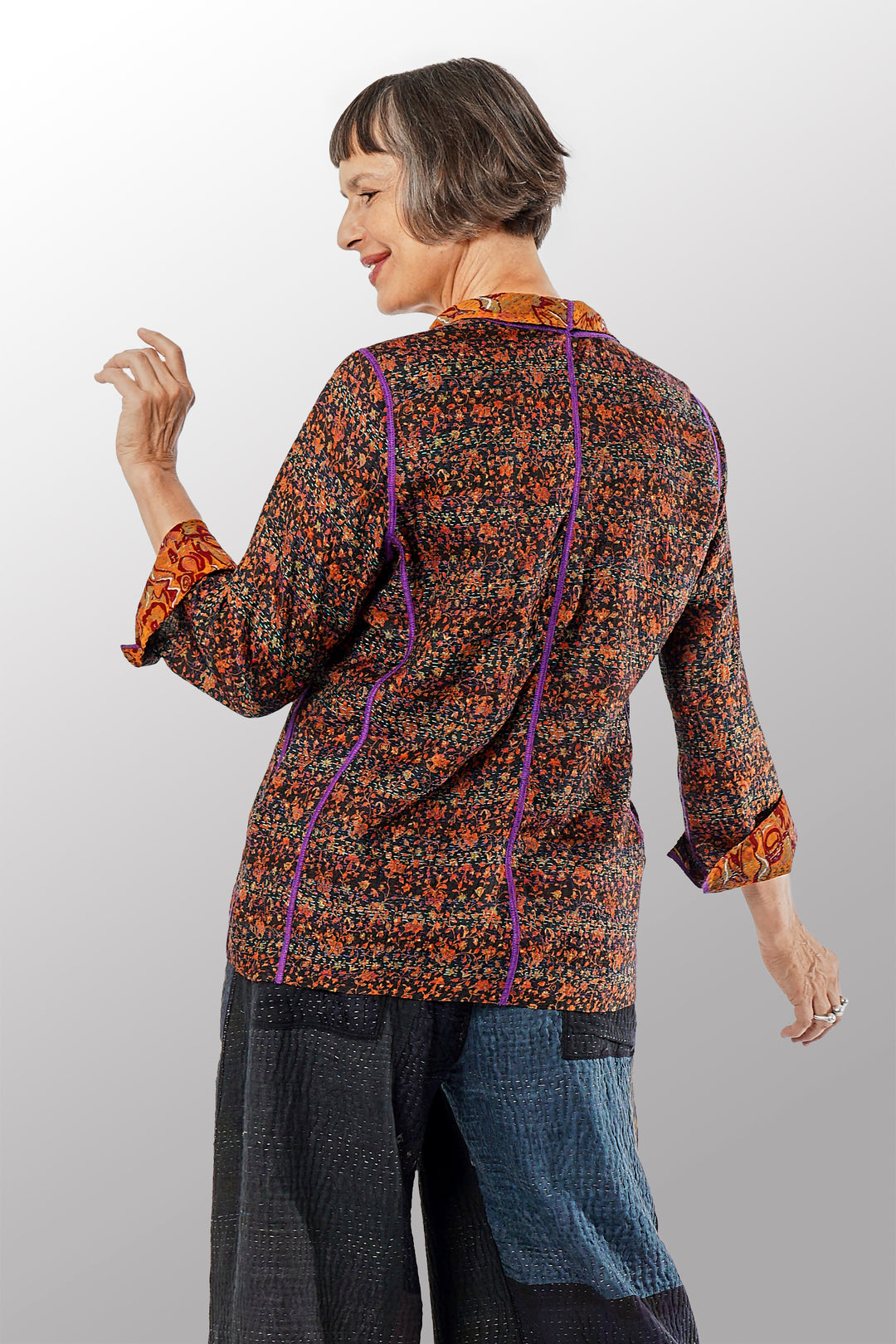 VINTAGE SILK GEORGETTE KANTHA SHORT JACKET - sg2007-0003l -