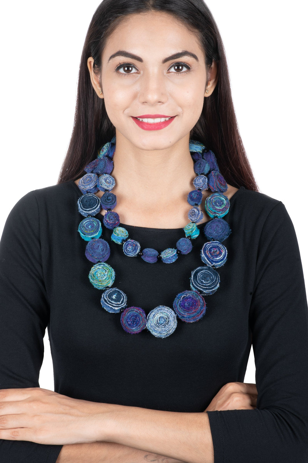 VINTAGE COTTON KANTHA SIMPLE EDDY LONG NECKLACE - cv2714-blu -