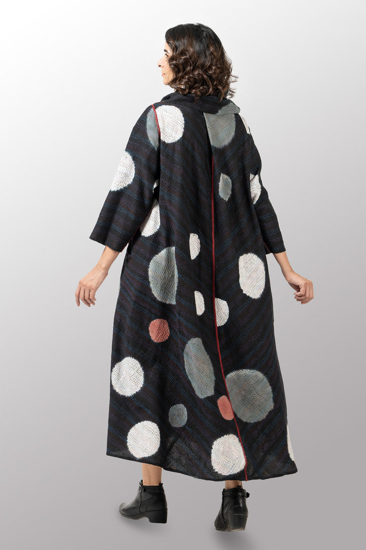 PATCH & CIRCLE PRINT KANTHA COWL NECK LONG SLEEVE DRESS - pc2450-blk -