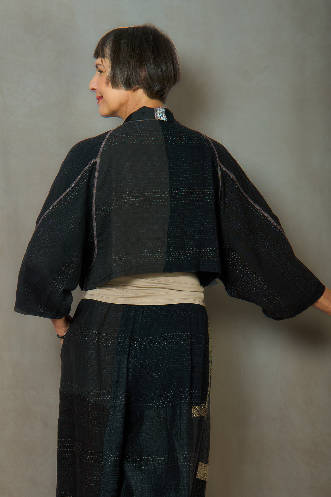 COTTON SILK SW PATCH KANTHA PUFF SLV. SHRUG - ws2062-blk -