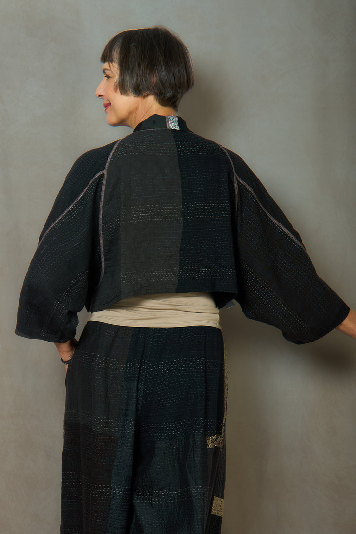 COTTON SILK SW PATCH KANTHA PUFF SLV. SHRUG - ws2062-blk -