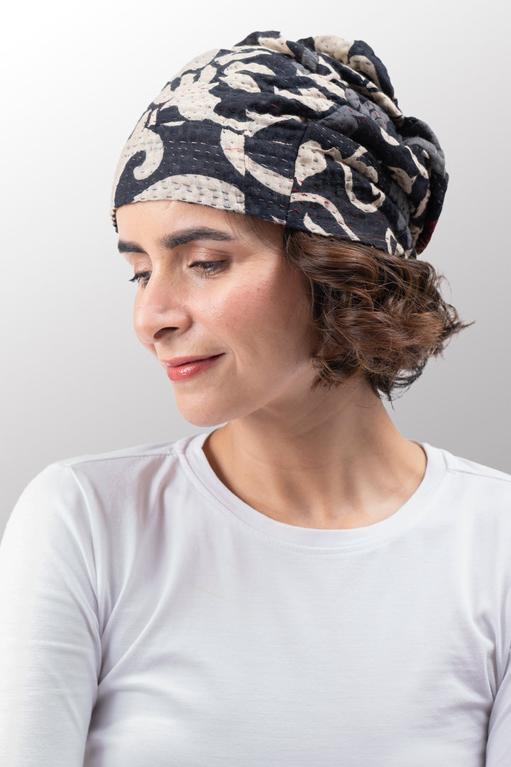 BLACK AND WHITE PRINT PATCH KANTHA PATCHWORK HAT - pn4880-blk -