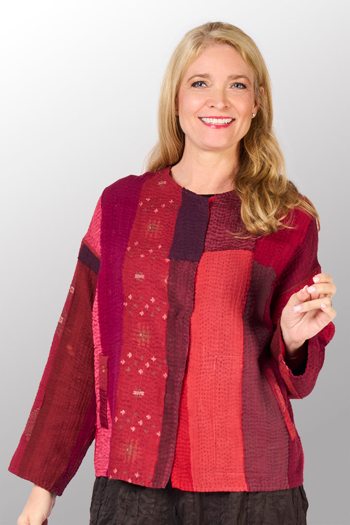 STRIPE AND CHECK COTTON SILK PATCH KANTHA CREW NECK SHORT JACKET - ss4053-red -