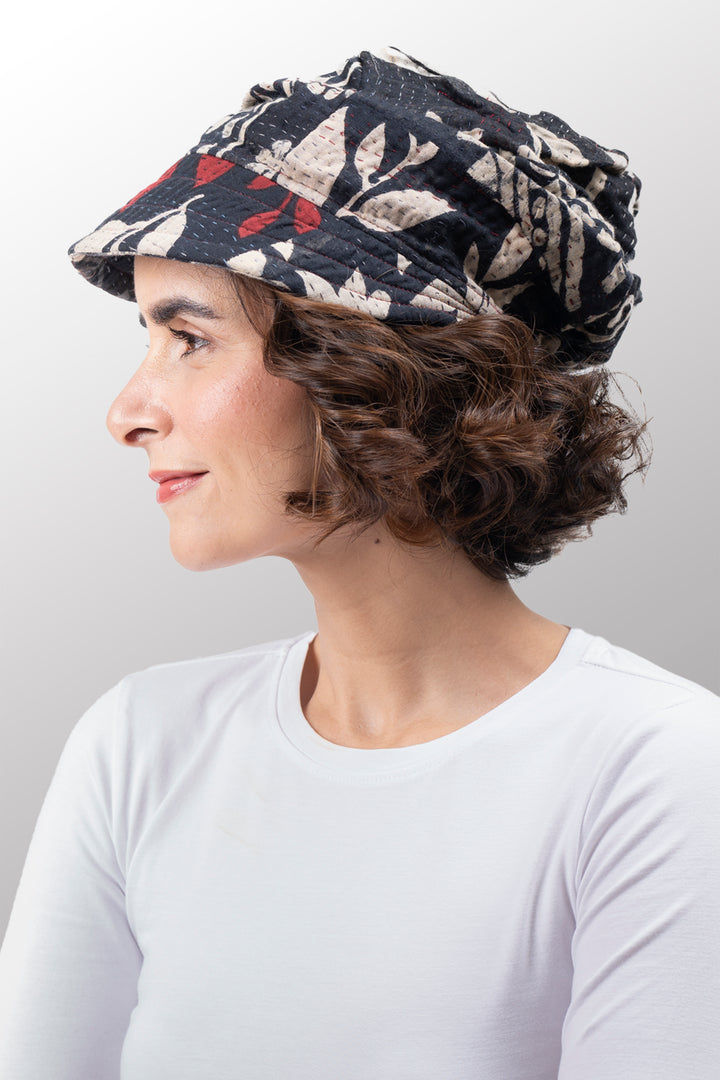 BLACK AND WHITE PRINT PATCH KANTHA HALF BRIM HAT - pn4881-blk -