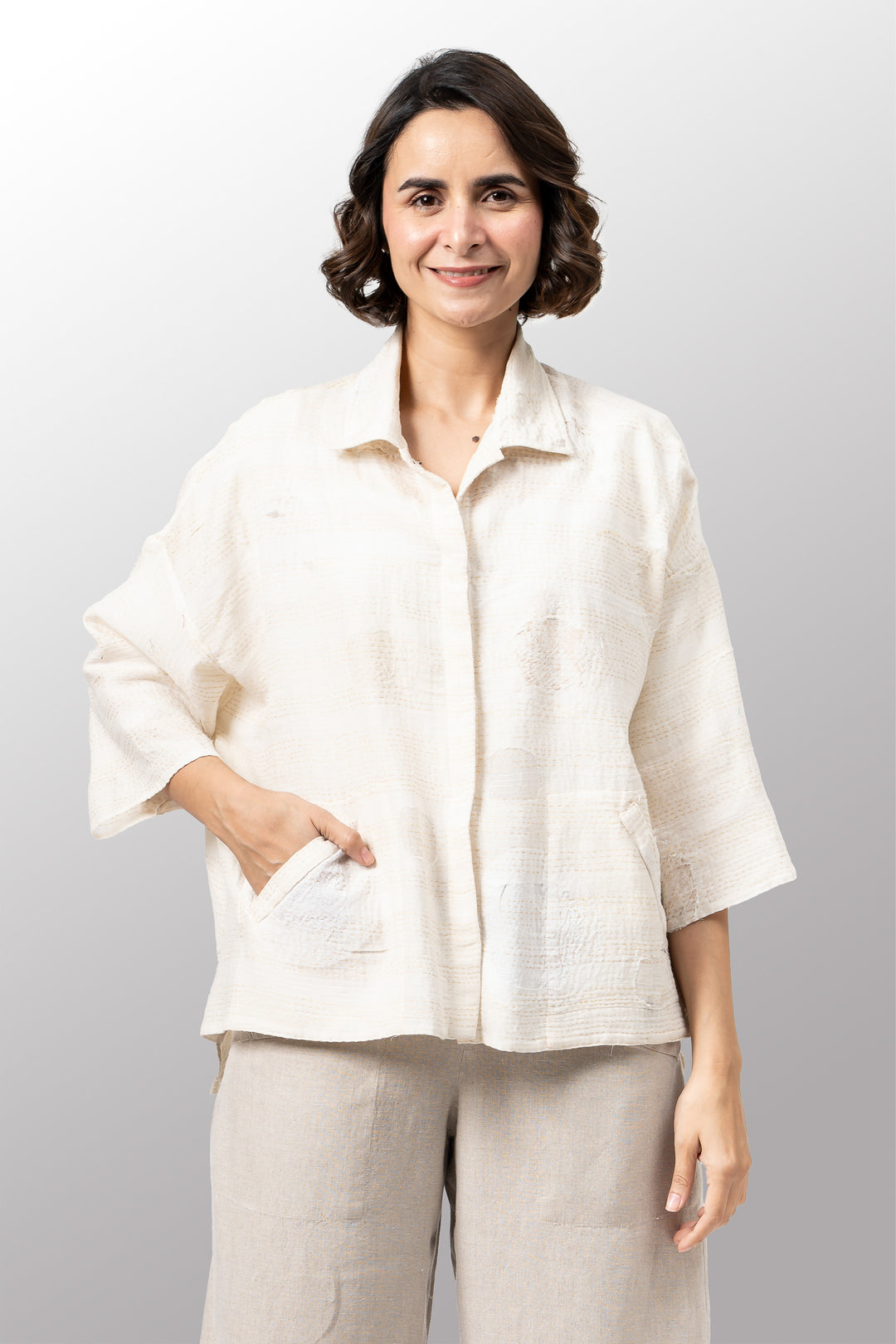 CUT THROUGH DOT AND HOLES KANTHA CROPPED TENT SHIRT