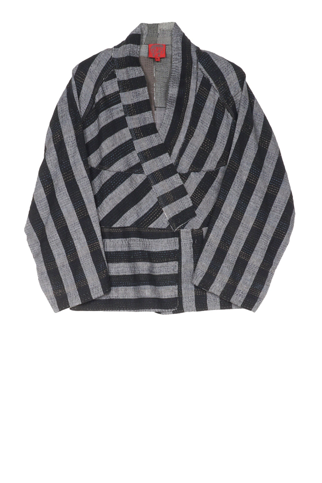 WOVEN STRIPE FRAYED PATCH BACK KANTHA DOLMAN SHORT JKT - wp2015-gry -