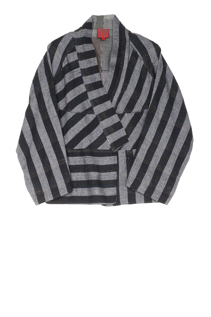 WOVEN STRIPE FRAYED PATCH BACK KANTHA DOLMAN SHORT JKT - wp2015-gry -