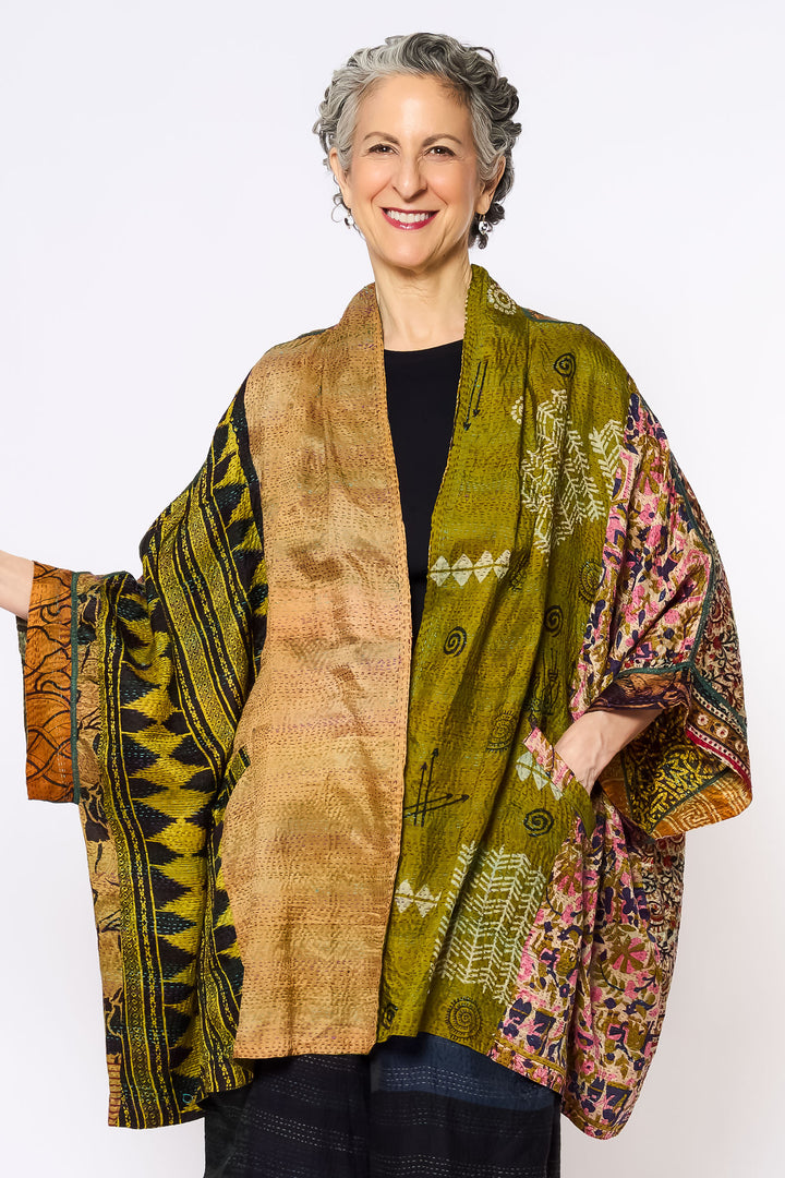 VINTAGE SILK KANTHA DOUBLE COLLAR PONCHO - sv2323-0019a -