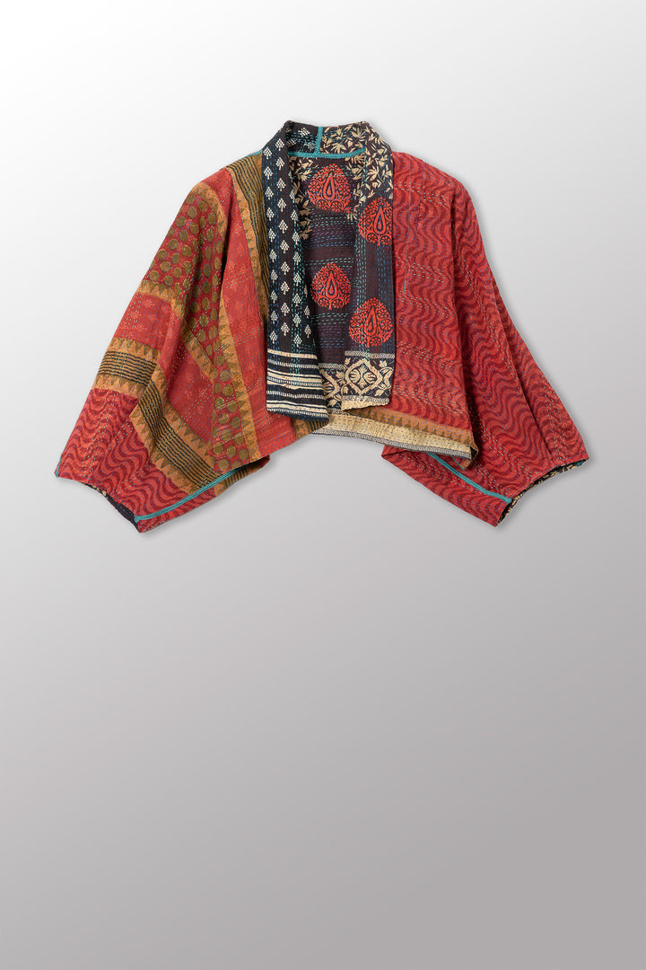 VINTAGE SILK GEORGETTE COTTON KANTHA PUFF SLV. SHRUG - gc2062-0007a -