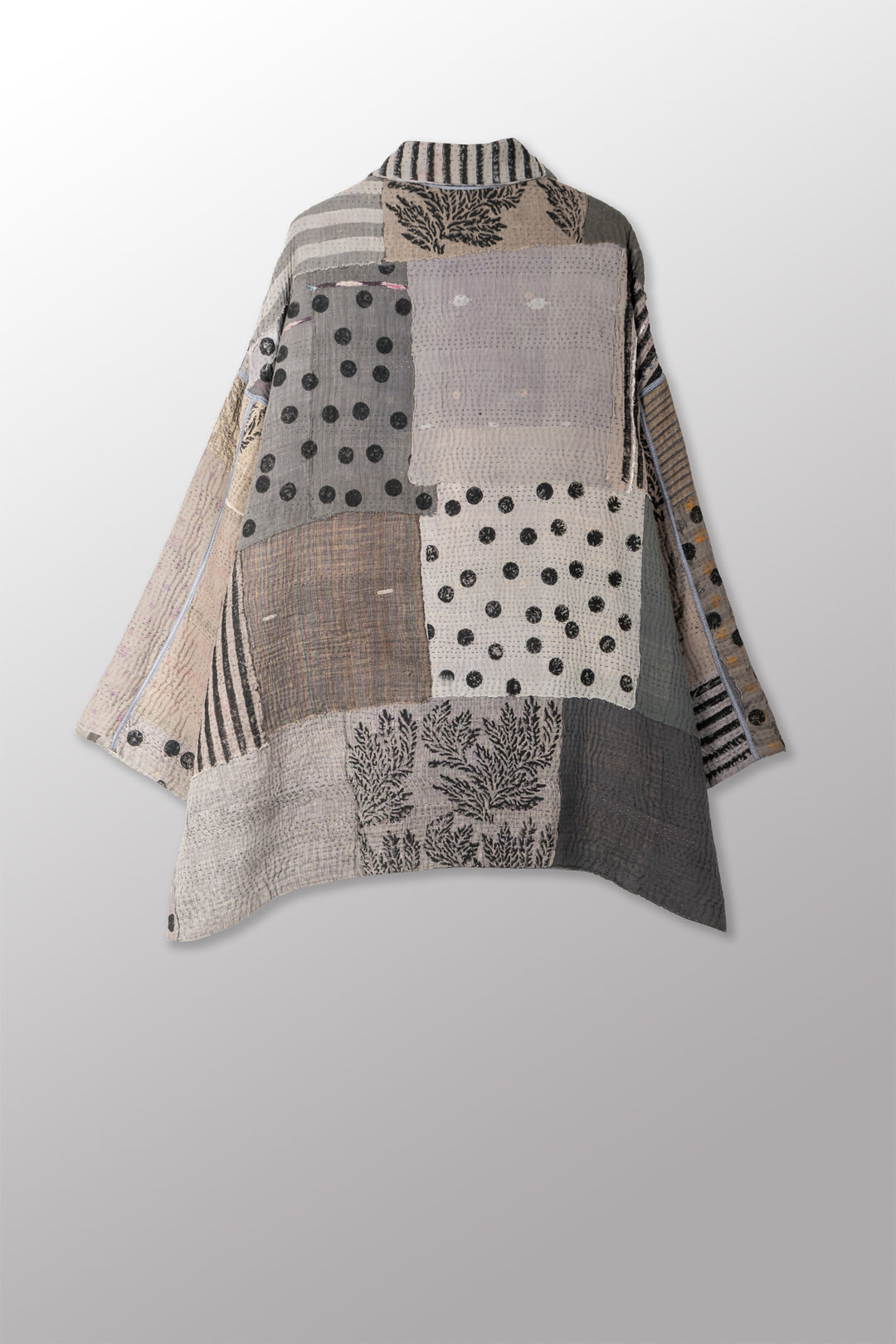 FRAYED PATCH KANTHA WITH STAMP OVERSIZED MINI COAT - sp-fi4332-gry -