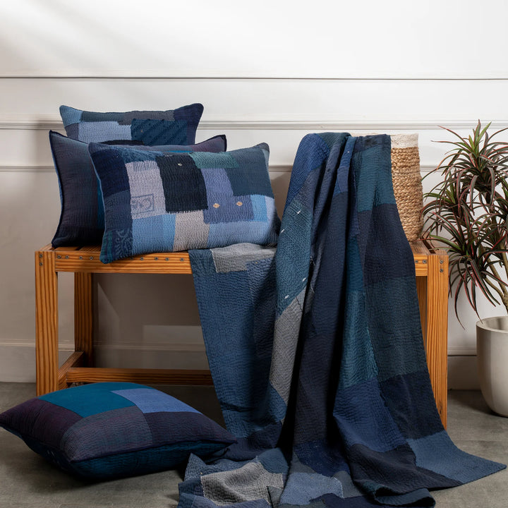 Landscape Fray Patch Vintage Kantha Quilts -Navy