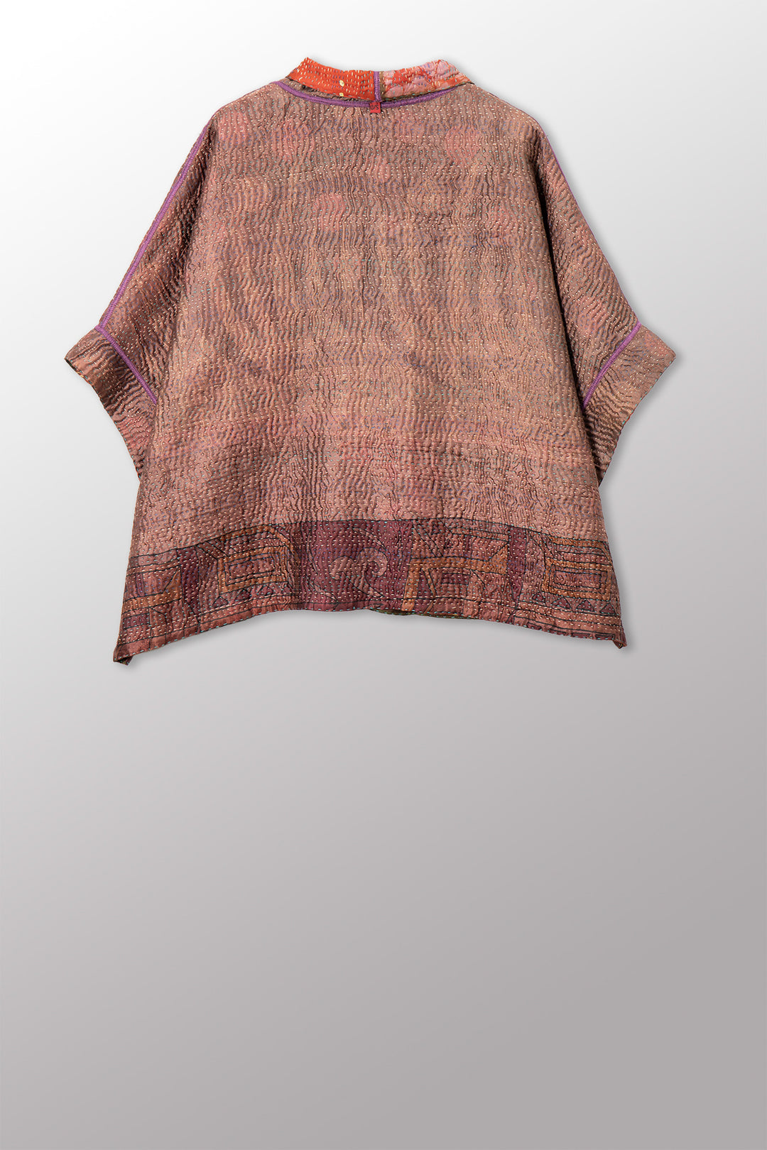 VINTAGE PRINTED SILK CLAMP DYE WITH JACQUARD KANTHA MINI PONCHO - sk4060-0001a -